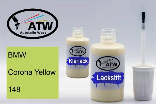 BMW, Corona Yellow, 148: 20ml Lackstift + 20ml Klarlack - Set, von ATW Autoteile West.